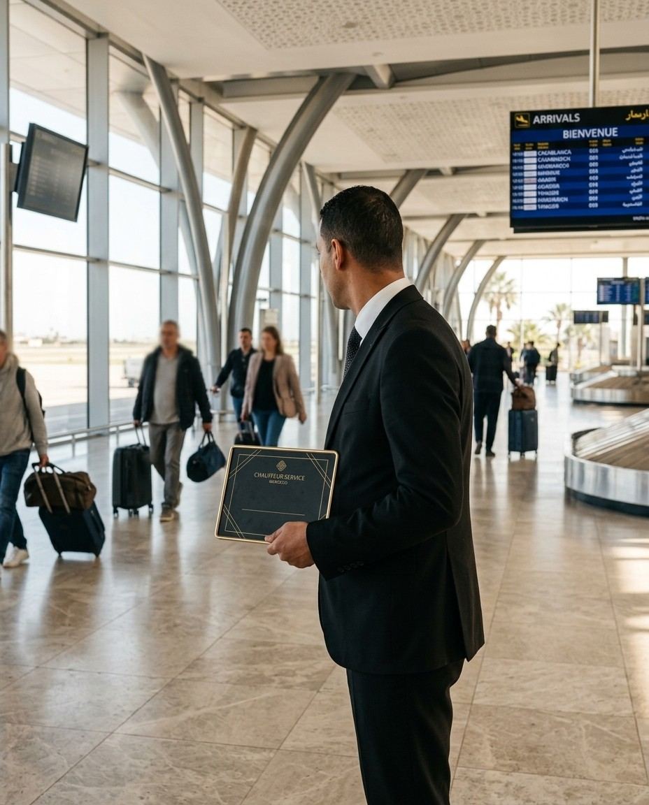 Chauffeur waiting for guests in the airport arrivals hall