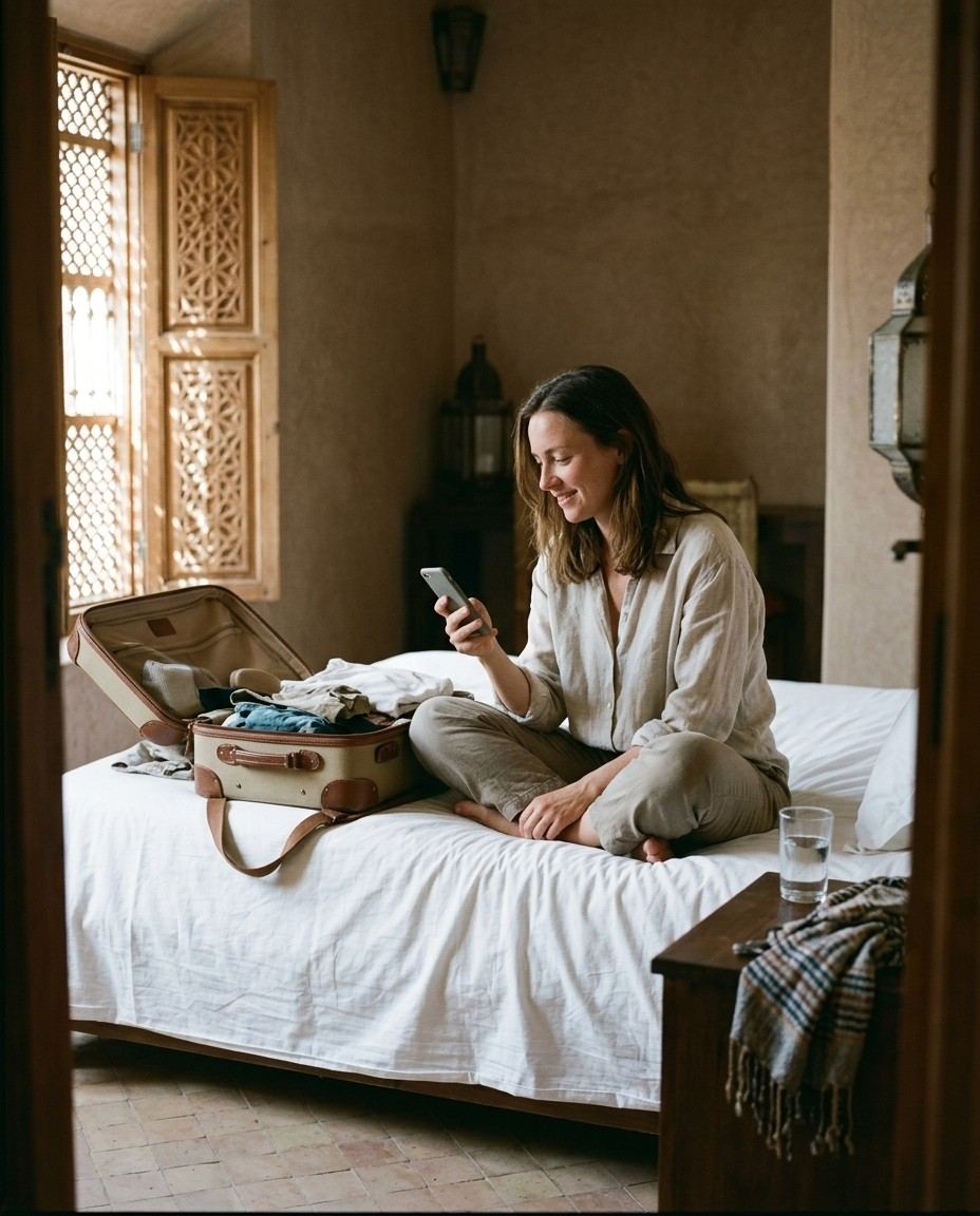 Traveller smiling at her phone beside a half-unpacked suitcase in a Marrakech riad room