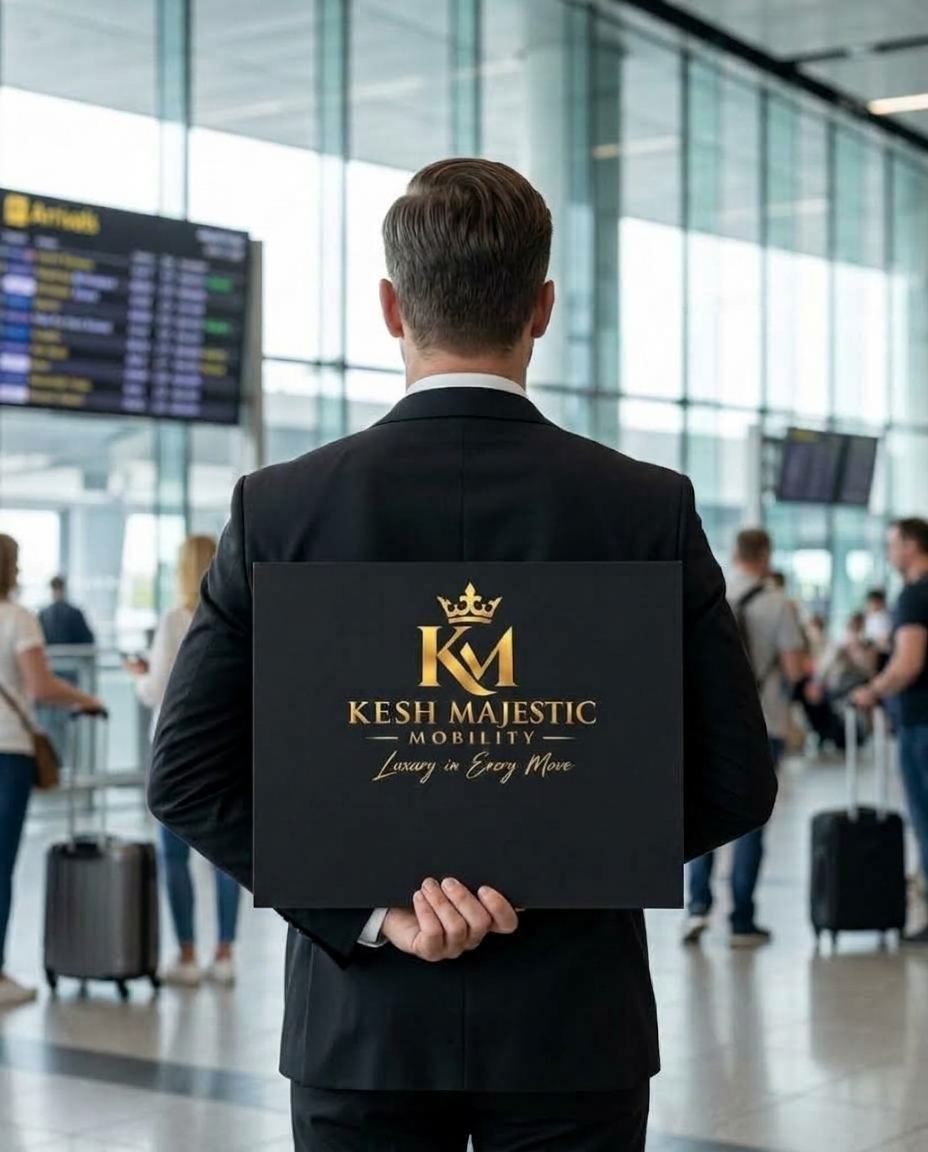 Our chauffeur waiting in arrivals with a Kesh Majestic Mobility name board