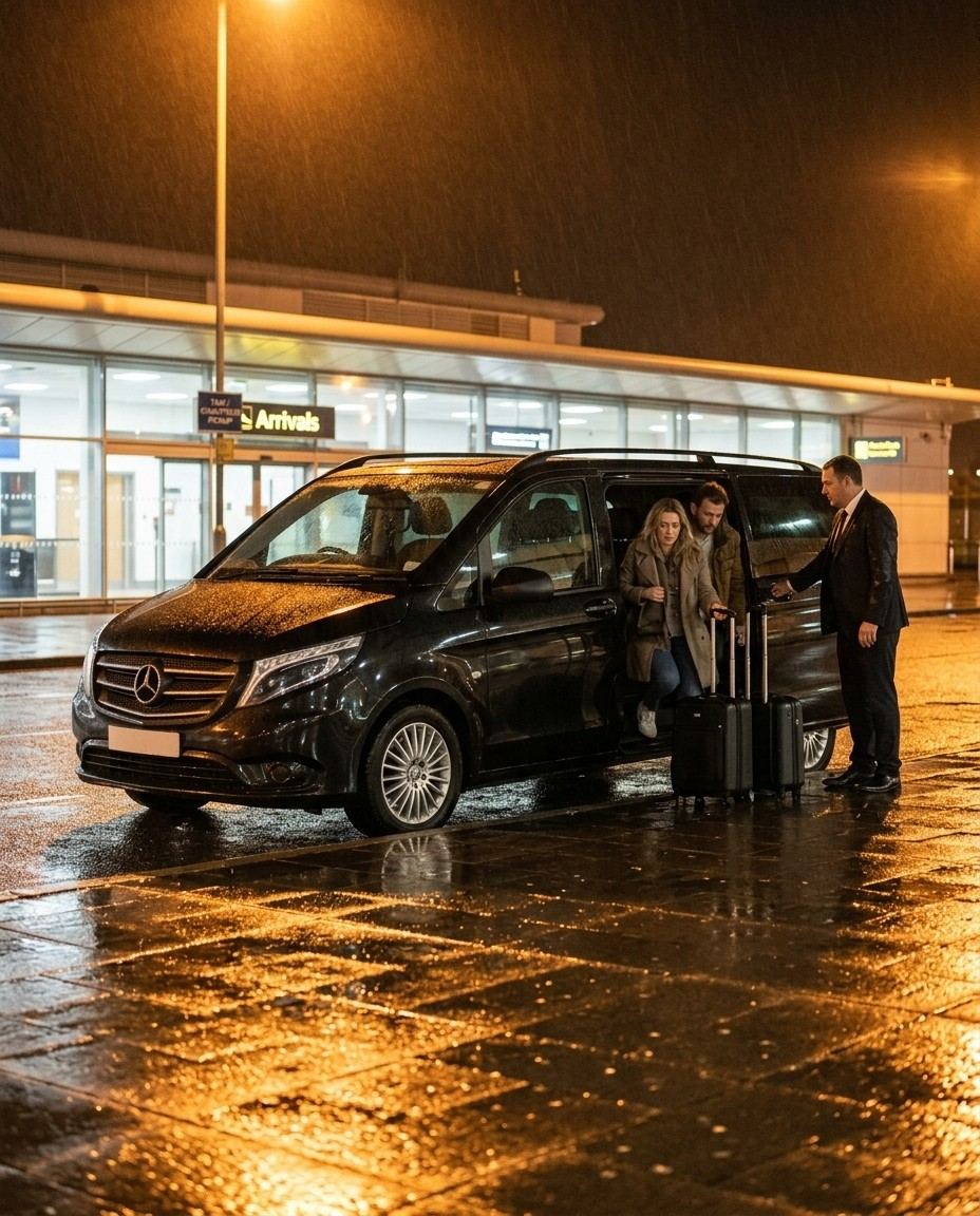 Our chauffeur welcoming travellers into the Vito outside arrivals on a rainy night