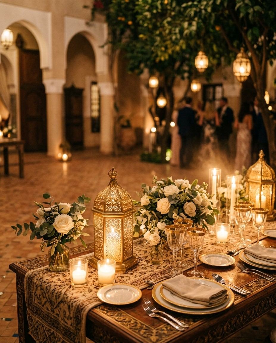 Wedding table set with flowers and glassware
